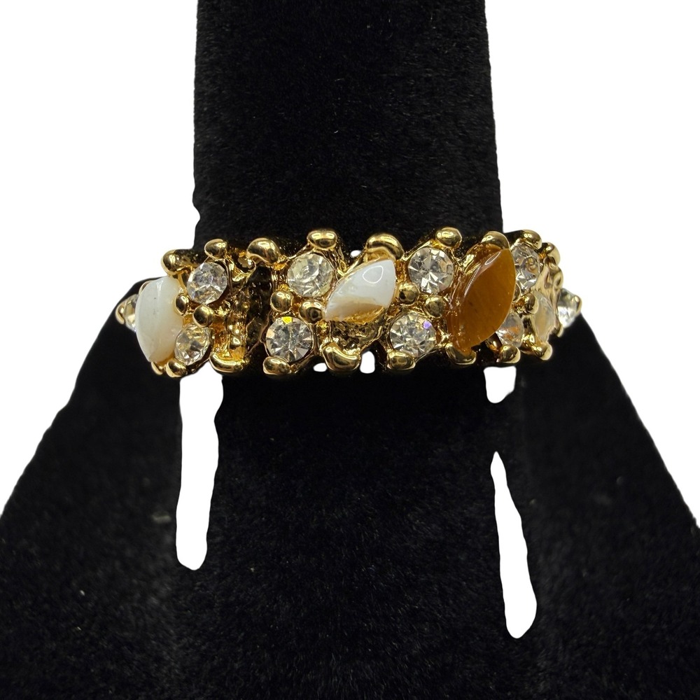 Elegant Gold Tone Cluster Ring with Clear & Opaque Stones Costume Jewelry Size 7
